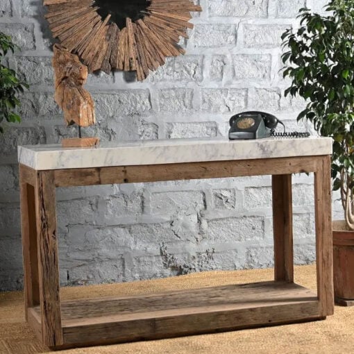 Country Farmhouse Solid Reclaimed Wood And White Marble Kitchen Island 133cm