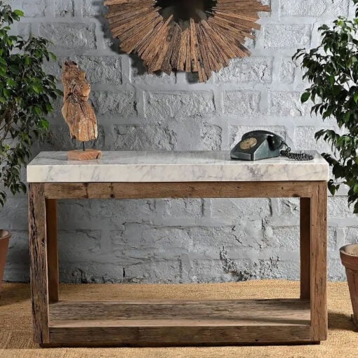 Country Farmhouse Solid Reclaimed Wood And White Marble Kitchen Island 133cm