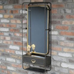 Dark Grey And Gold Metal Industrial Wall Shelving Unit With Mirror 100cm