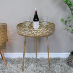 Embossed Boho Gold Metal Round Tray Planter Side End Table