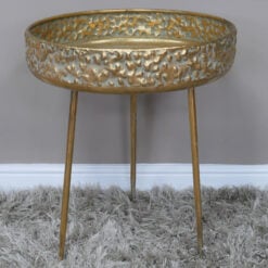 Embossed Boho Gold Metal Round Tray Planter Side End Table