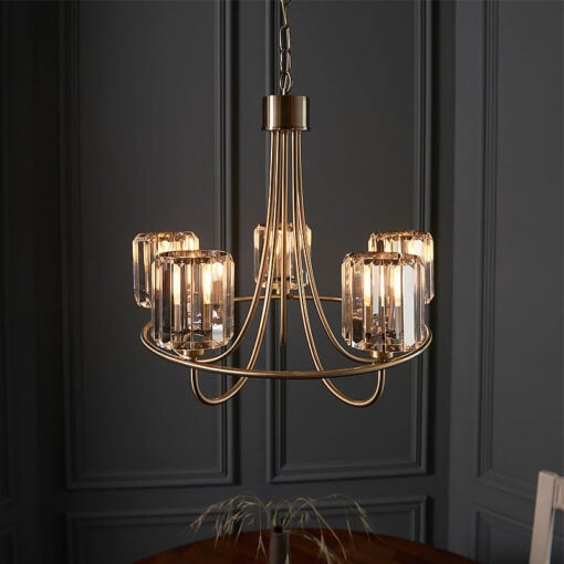 Faceted Glass 5 Light Antique Gold Brass Ceiling Pendant Chandelier 51cm