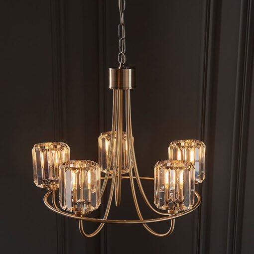 Faceted Glass 5 Light Antique Gold Brass Ceiling Pendant Chandelier 51cm