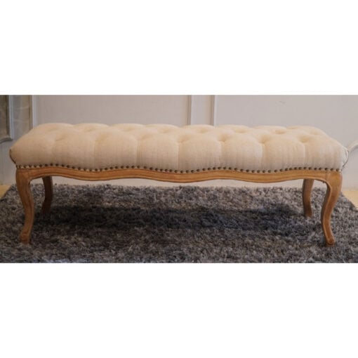 French Country Rustic Natural Linen And Wood Tufted Bench Ottoman 128cm