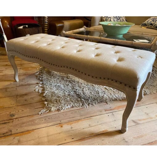 French Country Rustic Natural Linen And Wood Tufted Bench Ottoman 128cm