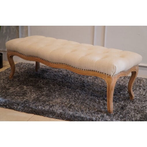 French Country Rustic Natural Linen And Wood Tufted Bench Ottoman 128cm