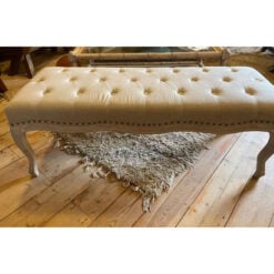 French Country Rustic Natural Linen And Wood Tufted Bench Ottoman 128cm