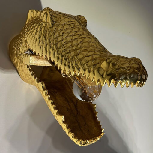 Gold Aluminium Metal Crocodile Head Quirky Animal Wall Lamp Light 38cm