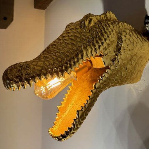 Gold Aluminium Metal Crocodile Head Quirky Animal Wall Lamp Light 38cm