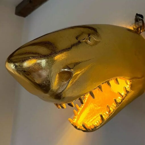 Gold Aluminium Metal Shark Head Quirky Animal Wall Lamp Light 38cm