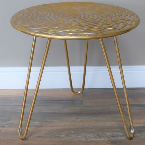 Gold Embossed Metal Side End Display Table With Hairpin Style Legs