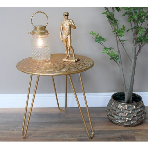 Gold Embossed Metal Side End Display Table With Hairpin Style Legs