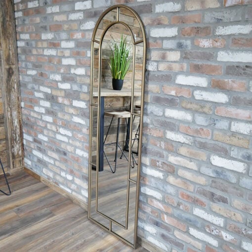 Gold Metal Panelled Arched Window Full Size Floor Wall Mirror 180cm