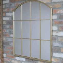 Gold Metal Wide Arched Panelled Window Wall Mirror 90cm