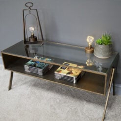 Industrial Antique Gold Metal And Clear Glass Coffee Table With Shelf 102cm