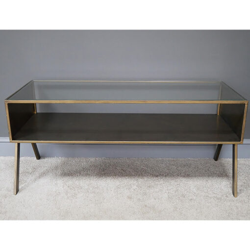 Industrial Antique Gold Metal And Clear Glass Coffee Table With Shelf 102cm