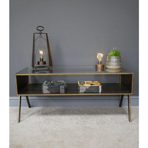 Industrial Antique Gold Metal And Clear Glass Coffee Table With Shelf 102cm