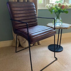 Industrial Dark Brown Genuine Leather And Black Metal Armchair Dining Chair