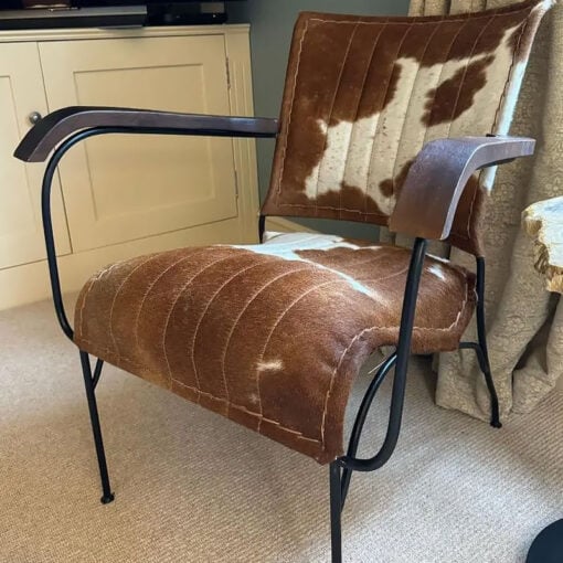 Industrial Genuine Brown And White Cowhide And Black Metal Armchair