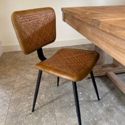 Industrial Genuine Brown Leather And Real Rattan Dining Chair With Black Legs