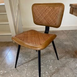 Industrial Genuine Brown Leather And Real Rattan Dining Chair With Black Legs