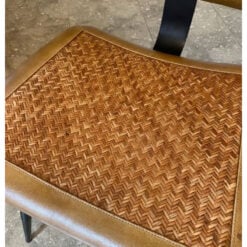 Industrial Genuine Brown Leather And Real Rattan Dining Chair With Black Legs