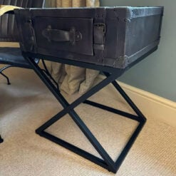 Industrial Genuine Grey Leather And Black Metal Trunk Side Table Bedside Table