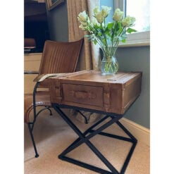 Industrial Genuine Brown Leather And Black Metal Trunk Side Table Bedside Table