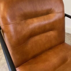 Industrial Genuine Tan Brown Leather And Black Metal Dining Chair Armchair