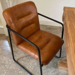 Industrial Genuine Tan Brown Leather And Black Metal Dining Chair Armchair