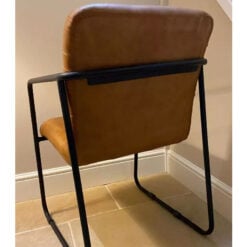 Industrial Genuine Tan Brown Leather And Black Metal Dining Chair Armchair