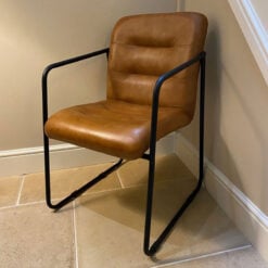 Industrial Genuine Tan Brown Leather And Black Metal Dining Chair Armchair