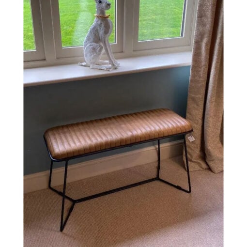 Industrial Genuine Tan Brown Leather And Black Metal Hallway Bench 90cm