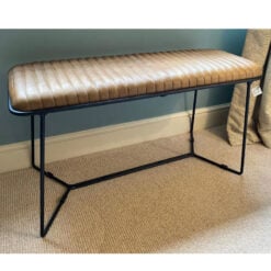 Industrial Genuine Tan Brown Leather And Black Metal Hallway Bench 90cm