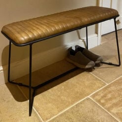 Industrial Genuine Tan Brown Leather And Black Metal Hallway Bench 90cm