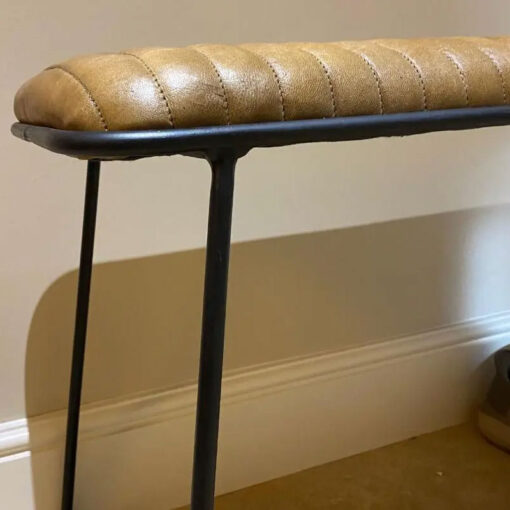 Industrial Genuine Tan Brown Leather And Black Metal Hallway Bench 90cm