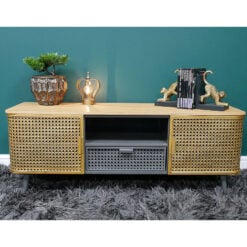 Industrial Gold And Grey Metal Rattan 2 Door 1 Drawer TV Stand 118cm