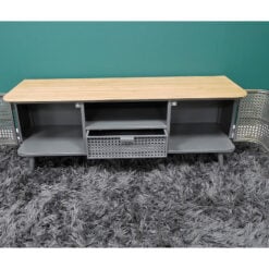 Industrial Gold And Grey Metal Rattan 2 Door 1 Drawer TV Stand 118cm