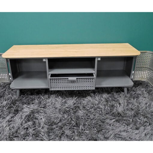 Industrial Gold And Grey Metal Rattan 2 Door 1 Drawer TV Stand 118cm