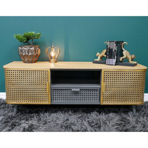 Industrial Gold And Grey Metal Rattan 2 Door 1 Drawer TV Stand 118cm