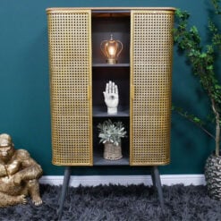 Industrial Gold Metal Rattan And Grey Metal 2 Door Tall Cabinet Sideboard