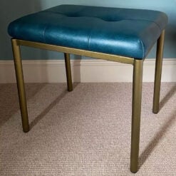 Industrial Ocean Blue Genuine Leather And Gold Metal Stool Footstool