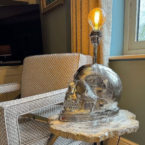 Industrial Silver Aluminium Metal Skull Head Table Lamp 49cm