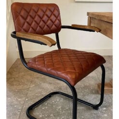 Industrial Tan Brown Genuine Leather And Black Metal Armchair Dining Chair