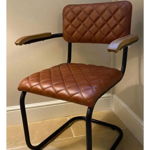 Industrial Tan Brown Genuine Leather And Black Metal Armchair Dining Chair