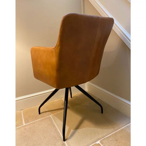 Industrial Tan Brown Genuine Leather And Black Metal Armchair Dining Chair