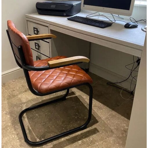 Industrial Tan Brown Genuine Leather And Black Metal Armchair Dining Chair