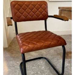 Industrial Tan Brown Genuine Leather And Black Metal Armchair Dining Chair