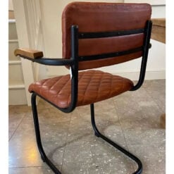 Industrial Tan Brown Genuine Leather And Black Metal Armchair Dining Chair