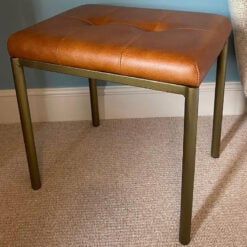 Industrial Tan Brown Genuine Leather And Gold Metal Stool Footstool